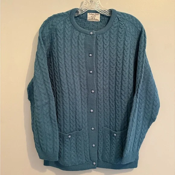 Vintage College Point Medium Cardigan Blue Crewneck Cable Knit Acrylic Classic - Picture 3 of 12